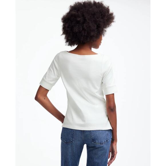 Madewell Elbow-Sleeve Boatneck Tee Sz S White Pullover Slit Hem Slim Fit Stretch - Picture 3 of 8
